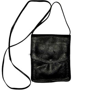 Vintage 80s Parisian Black Leather Mini Crossbody Passport Money Belt Bag